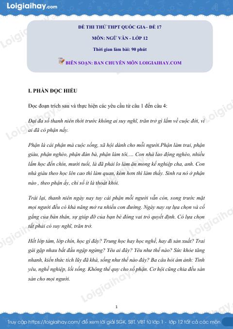 Đề số 17 - Đề thi thử THPT Quốc gia môn Ngữ văn